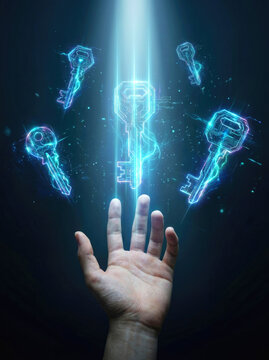 Human hand reaching towards glowing digital keys for data security and access