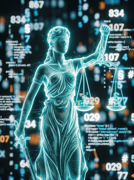 Holographic Lady Justice holding scales with paragraph symbol and digital code