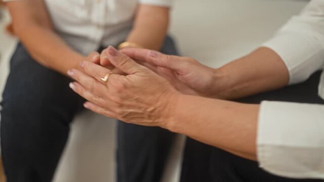 Two women, middle aged and senior, clasping hands on bed while seated close together in a residential building; comfort support.