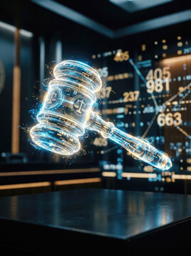 Glowing holographic judge gavel floating on podium with digital courtroom background