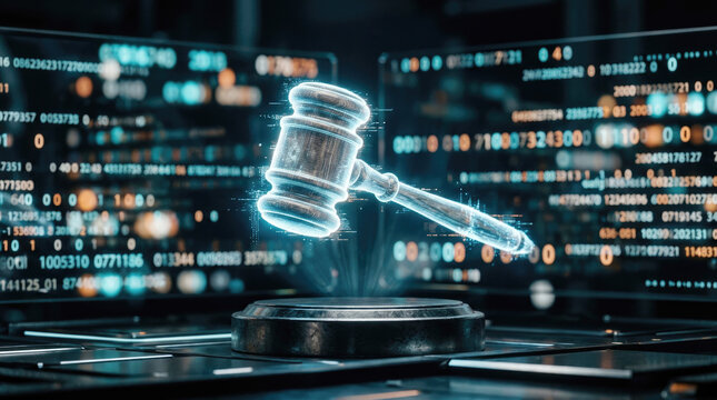 Holographic judge gavel on wooden base surrounded by glowing digital code