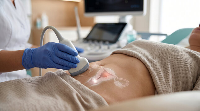 Ultrasound examination of the female pelvis with anatomical uterus and ovaries overlay in a modern gynecology clinic
