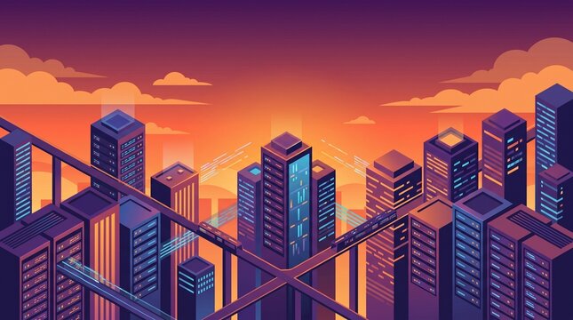 Isometric city scape of server towers with illuminated paths at sunset illustrates modern data centers networking operations cloud computing and future technology.
