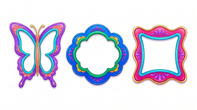 Whimsical butterfly picture frames and colorful decorative borders, vibrant 3 piece set of ornate frames for children's photos, playful pink and blue butterfly frames for creative digital