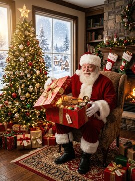 Santa Claus Sitting in Armchair Opening Gifts by Christmas Tree.