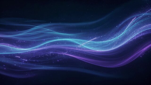 Flowing cyan and violet light waves with glowing particles in a dark starry background, creating abstract cosmic energy concept