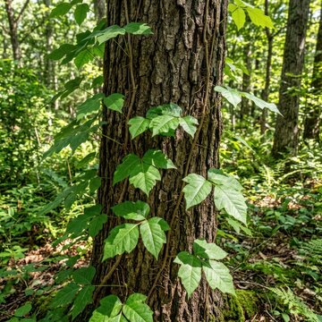 Poison Ivy Vine Climbing Up a Tree Trunk in a Forest.