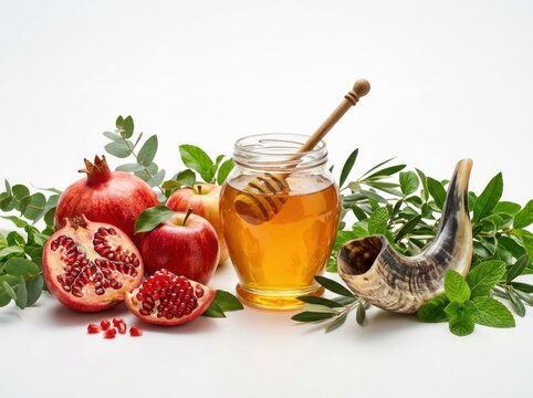 Rosh Hashanah Symbols of Pomegranate Apple Honey and Shofar on White Background.