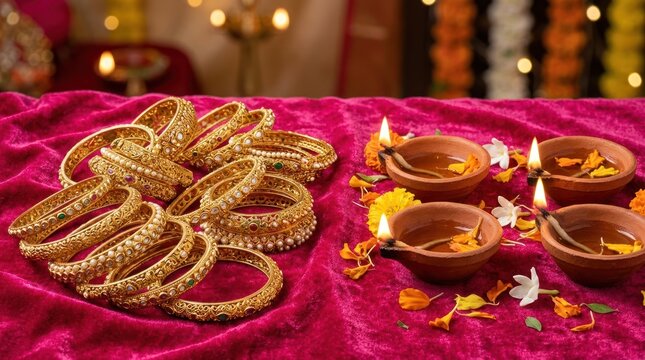 Traditional Indian Bangles and Diyas for Diwali Celebration.