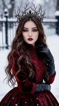 Fantasy winter queen wearing a crown of twigs and a deep red velvet dress in a snowy setting
