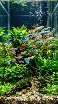 Vibrant Aquarium teeming with colorful guppy fish and lush aquatic plants.