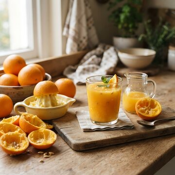 Freshly Squeezed Citrus Orange Juice Preparation on a Rustic Wooden Kitchen Countertop