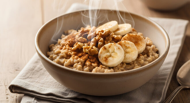 Bowl of creamy oatmeal with banana and cream