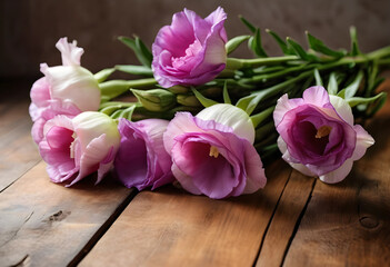 Fototapeta premium Floral beauty and natural elegance, fresh purple eustoma flowers with green stems on a rustic wooden table background