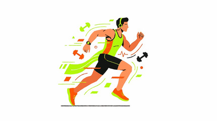 Fototapeta premium Dynamic athlete running with headphones and weights in vibrant colors