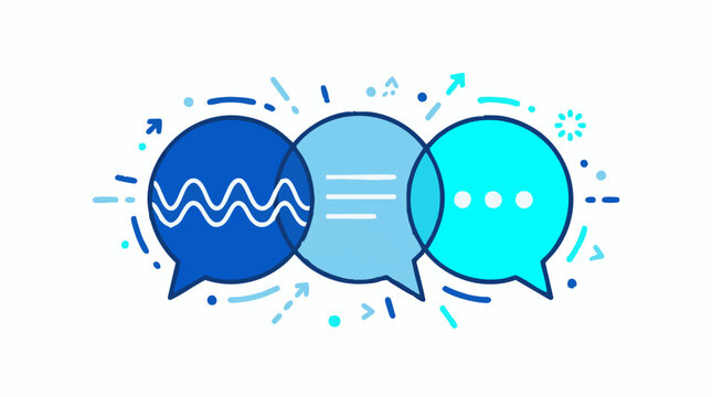 Digital communication concept with chat bubbles, sound waves, and text