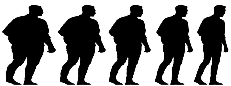 Conceptual fat overweight obese man vs slim fit healthy body after weight loss or diet, white background banner. A  fitness, nutrition or obesity, health care shape illustration vector as silhouettes