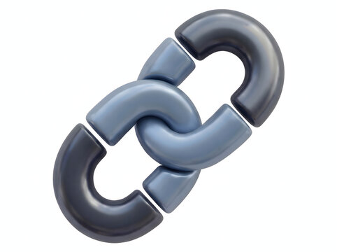 3D Illustration of glossy blue and grey chain link icon representing connection, internet hyperlink, and integration, isolated on white background