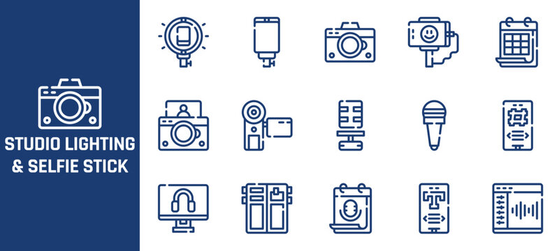 Photography studio lighting and selfie stick icons, 15 line art camera equipment vector set