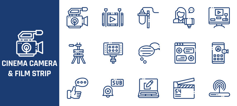 Cinema camera and film strip icon set, 15 blue line video production vectors, movie making icons