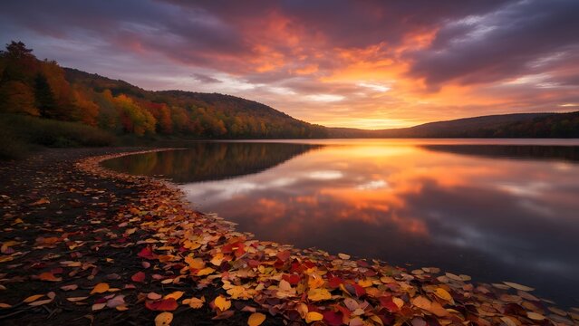 Autumn landscape with multicolored fallen leaves leading toward a tranquil lake glowing beneath a dramatic sunset sky, Environment: expansive freshwater lake bordered by layered forests and softly rol