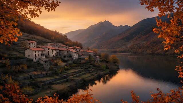 Autumn landscape with colorful leaves surrounding a small mountain hamlet beside a lake at sunset, Environment: clustered rural houses, terraced gardens, forested slopes and reflective water basin, Li