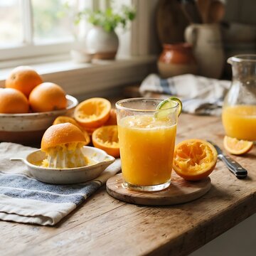 Freshly Squeezed Citrus Orange Juice in a Glass with Sliced Fruit on a Rustic Kitchen Countertop