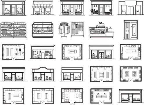 A collection of stylized illustrations depicts various storefronts and retail spaces, showcasing diverse shop layouts and architectural designs from a top-down perspective and frontal view.