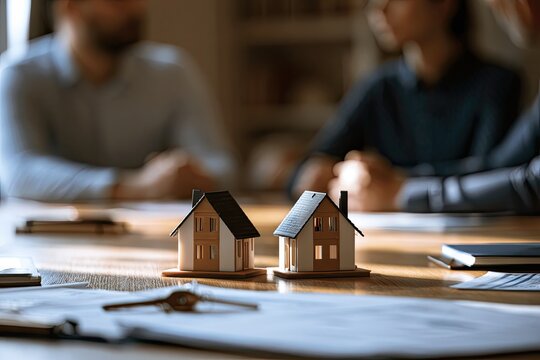 Model houses and legal documents on a conference table, symbolizing divorce, property division and financial settlement.