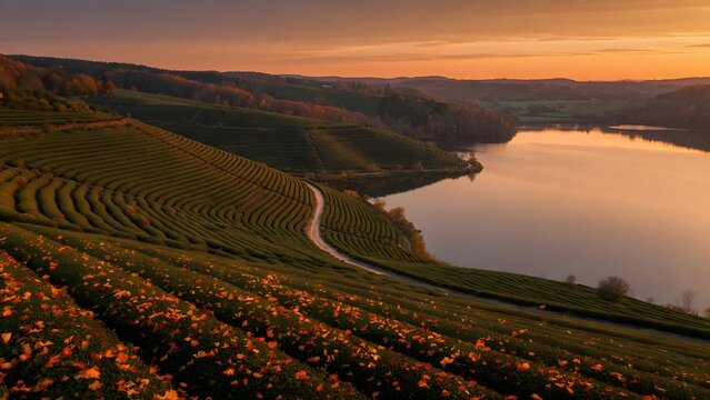Autumn landscape with colorful leaves scattered along tea-covered hills overlooking a lake at sunset, Environment: rolling cultivated tea slopes, reflective lake below, rural pathways and distant fore