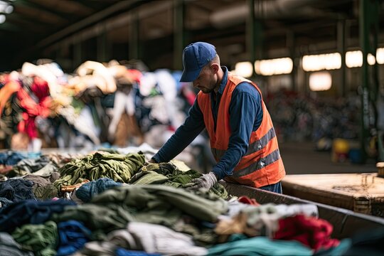 Worker sorting used clothing by color and material on a warehouse table, highlighting textile recycling and circular fashion.