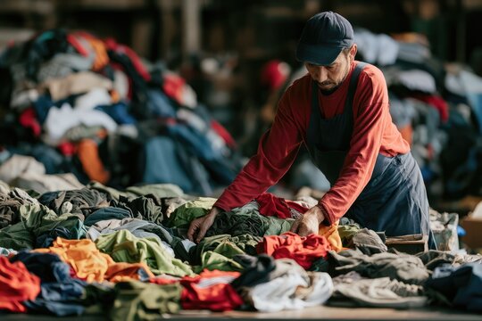 Worker sorting used clothing by color and material on a warehouse table, highlighting textile recycling and circular fashion.