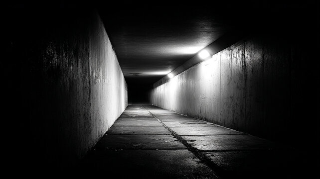 tunnel partially lit creating layered depth, black and white photography
