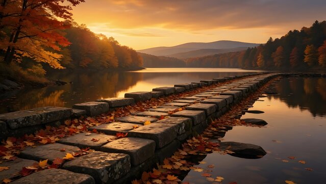 Autumn landscape with colorful leaves gathered along an ancient stone causeway leading across shallow lake water at sunset, Environment: weathered stone path, calm water pools, forested margins and di