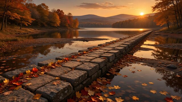 Autumn landscape with colorful leaves gathered along an ancient stone causeway leading across shallow lake water at sunset, Environment: weathered stone path, calm water pools, forested margins and di