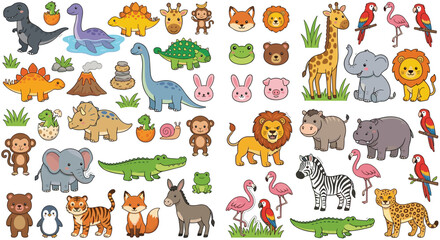 Cute Dinosaur and Safari Animal Collection with Lions, Giraffes, Elephants, Crocodiles, Flamingos, Parrots, Tigers, Monkeys and Prehistoric Creatures © MstShahida