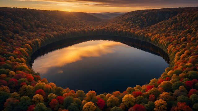 Autumn landscape with colorful leaves encircling a nearly circular lake at sunset as the dominant natural landmark, Environment: enclosed woodland basin with uninterrupted tree coverage surrounding th