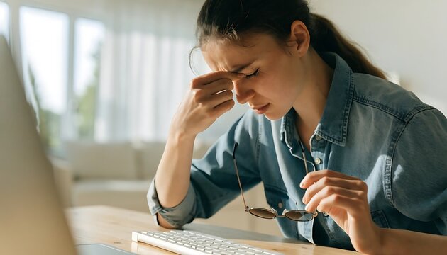 Stressed young woman having a headache while working on a laptop computer