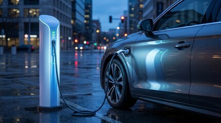 Fototapeta premium Electric Car Charging at Modern Station During Night
