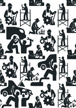 Industrial workers and construction business seamless pattern with machinery and tools