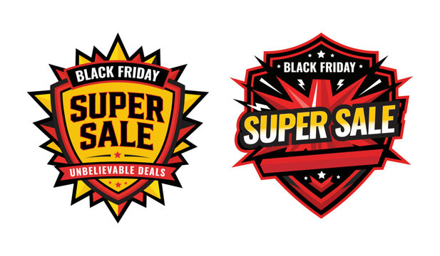 Set of two vibrant black friday super sale badges with explosive starburst and shield shapes for retail marketing