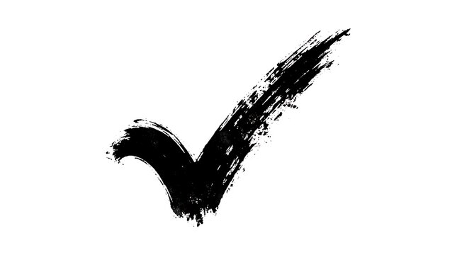 Black ink brushstroke check mark illustration on a white background representing confirmation and positive affirmation with a hand painted style