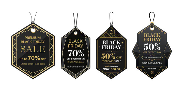 Set of four decorative black vintage style price tags for black friday sales and promotional discount events