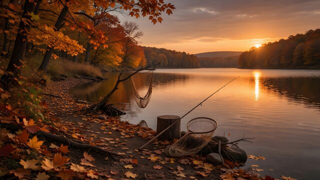 Autumn landscape with colorful leaves along a quiet fishing bend beside a lake at sunset, Environment: small fishing spot with simple nets, natural bank, calm water and autumn forest surroundings, Lig