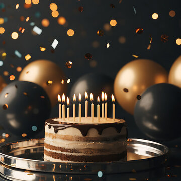 Elegant birthday cake with lit candles on a stand surrounded by black and gold balloons with bokeh. Sophisticated decor