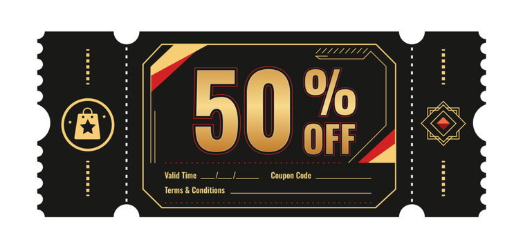 Black and gold vintage style ticket design featuring a fifty percent off promotional discount offer for retail sales