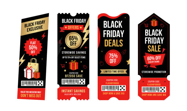 Set of four vertical black friday sale banners with red and black design elements and discount text