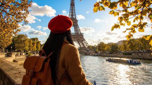 Woman with red beret and backpack looking at the eiffel tower in paris, france