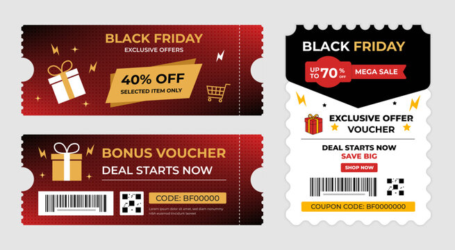 Set of black friday sale tickets and discount vouchers with promotional text and barcode graphics
