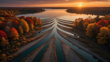 Fototapeta premium Autumn landscape with colorful foliage surrounding a branching freshwater delta flowing into a sunset lake, Environment: fan-shaped network of channels, woodland edges, gravel bars and calm reflective